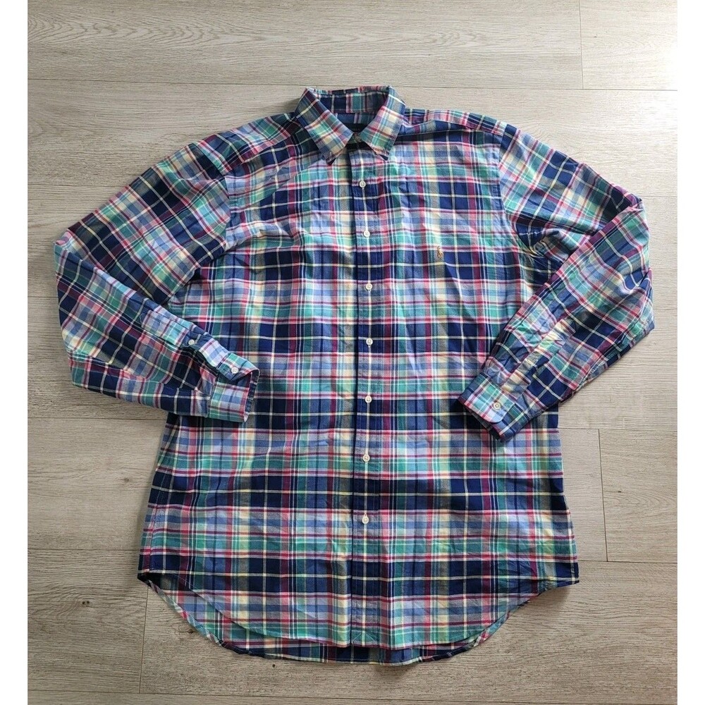 Ralph Lauren Classic Fit Mens LT Oxford Long Sleeve Shirt Plaid Blue Pink Green
